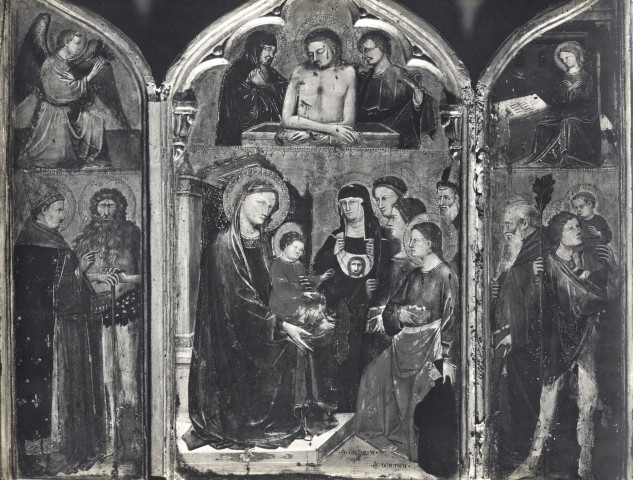 Sansoni, Mario — Bologna. Basilica di S. Stefano - Museo. Trittico (La Vergine al centro, in alto il Cristo morto; ai lati l'Annunciazione e Santi. Fine sec. XIV — insieme